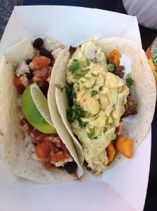 Agave Chicken Taco and Breakfast Taco.  The breakfast taco has sweet potato, chorizo, and eggs (might drive to Apex just for that).  The Agave Chicken with black beans, chicken, and bacon (mmm, bacon)